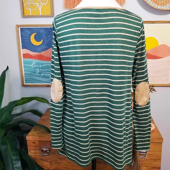 Umgee Brand Top Hunter Green & Cream Stripes Tan Faux Suede Accents Size Small - Picture 3 of 12